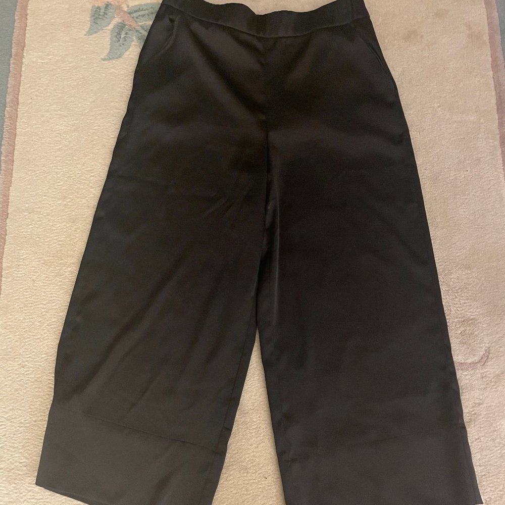 Zara Silk-like Black Satin Wide Leg Pants Women's Size L Pull On Price Drop